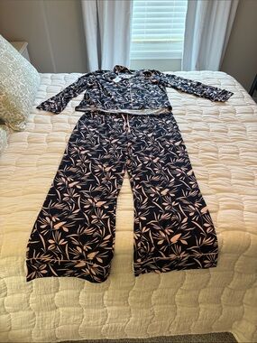 Navy & Blush Leaf Print Pajama Set — Relaxed Lounge Two-Piece